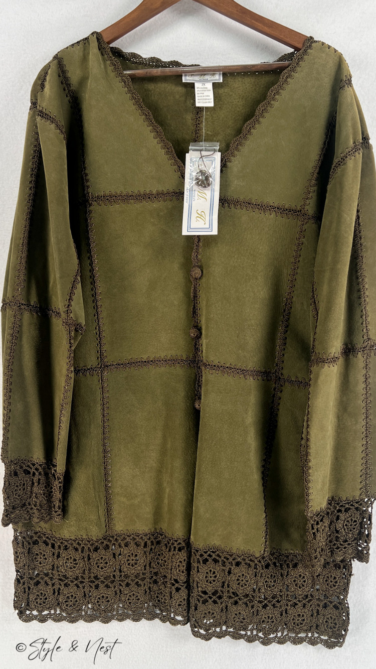 SMH Patchwork Leather Coquette Cardigan 2X Vintage Green Crochet Fairy